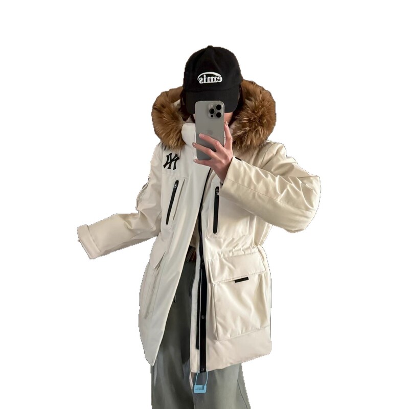25冬季潮牌MLB男女情侣款防寒保暖连帽大毛领加厚工装羽绒服|undefined