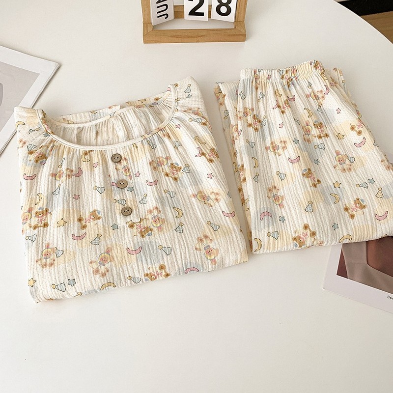 纯棉棉纱睡衣女春秋季新款卡通甜美可爱圆领长袖长裤家居服两件套|undefined