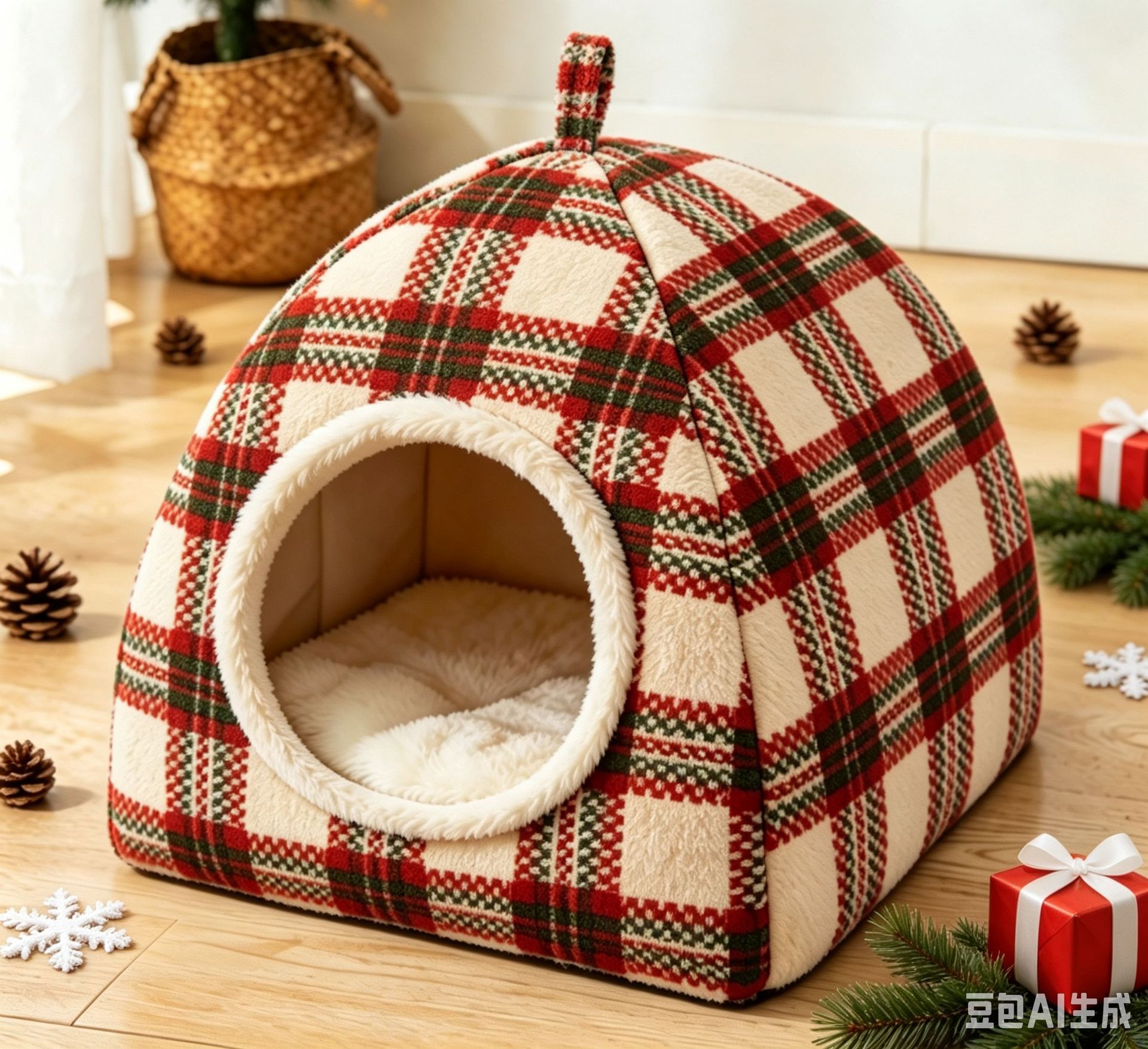 빨강/초록 체크 플란넬 삼각 캣 하우스 S28*28*30cm