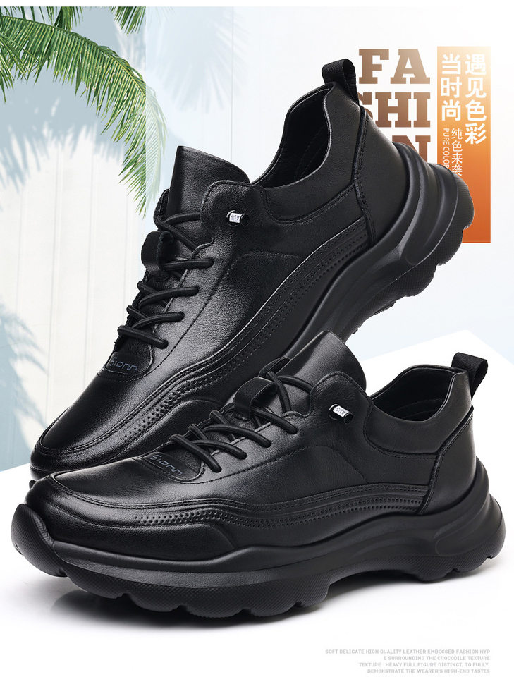 Giày sneaker nam da bò lớp đầu, đế xốp nhẹ, gót 3,5 cm — màu đen chi tiết 5