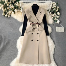 跨境欧美女装风衣百搭复古双排扣加长款2025秋冬新款风衣赠送腰带