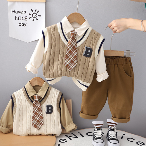  Autumn New Forest Style Boys' College Wind Suit for Young Children, British Style Autumn Clothing for Baby Boys, Long Sleeve Three-Piece Set