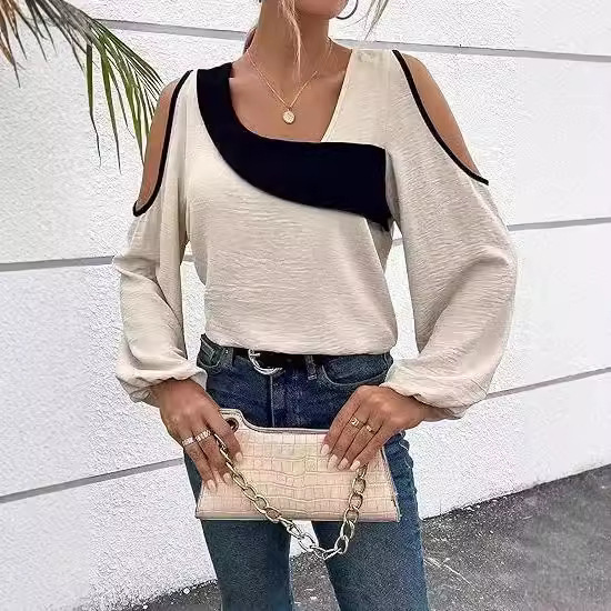 Amazon Europe and the United States cross-border 2024 spring and autumn new open shoulder stitching pullover color matching cold shoulder top casual top
