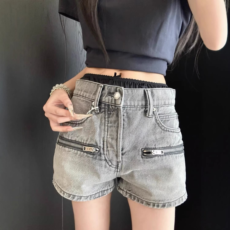 Shenzhen Nanyou double-waist zippered pocket distressed denim shorts for women, new spring single-button fly casual hot pants Shenzhen Nanyou double-waist zippered pocket distressed denim shorts for women, new spring single-button fly casual hot pants
