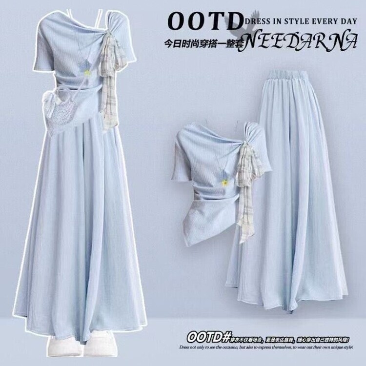 Summer Dopamine Outfit: a Complete Set of Sweetly Designed Short-Sleeved Shirts and Loose Wide-Leg Pants for Girls Summer Dopamine Outfit: a Complete Set of Sweetly Designed Short-Sleeved Shirts and Loose Wide-Leg Pants for Girls