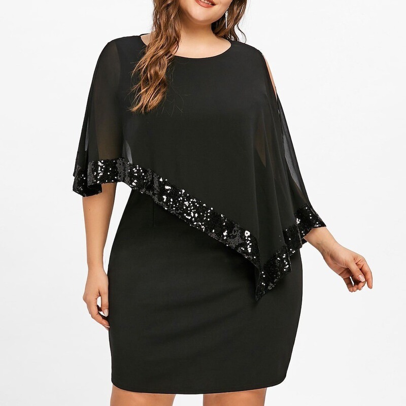 Ebay Aliexpress New Asymmetrical Sequin Stitching Plus Size Women's Dress 8 Colors 8 Sizes