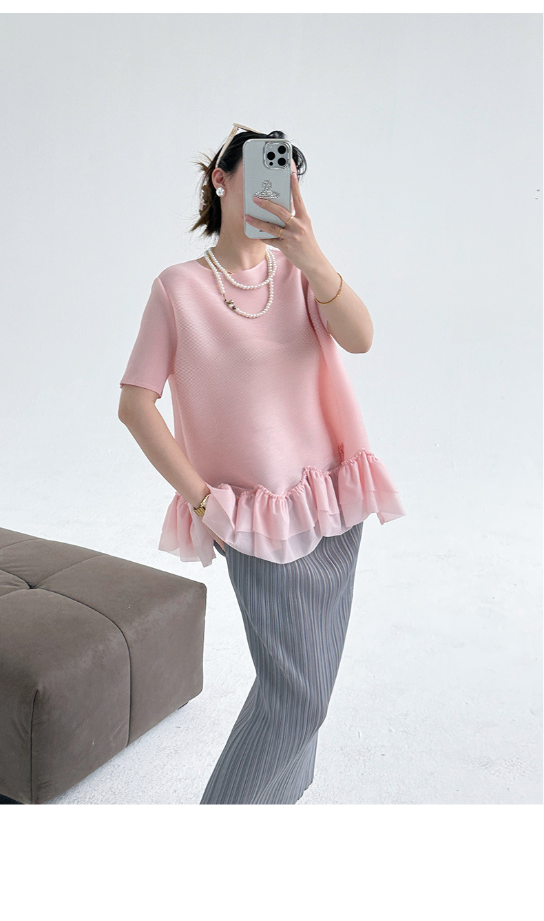 Áo thun tay ngắn cổ tròn bèo nhún nữ tính — màu xanh nhạt chi tiết 22