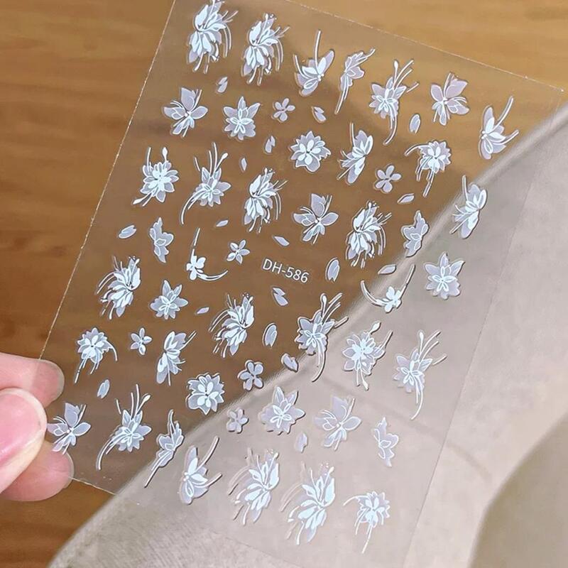 Internet-Famous Snow-Cut Grass Nail Stickers with Flat Adhesive Backing, Super Fairy-Like Hand-Painted White Flower DIY Nail Stickers, Accessories Dh Style