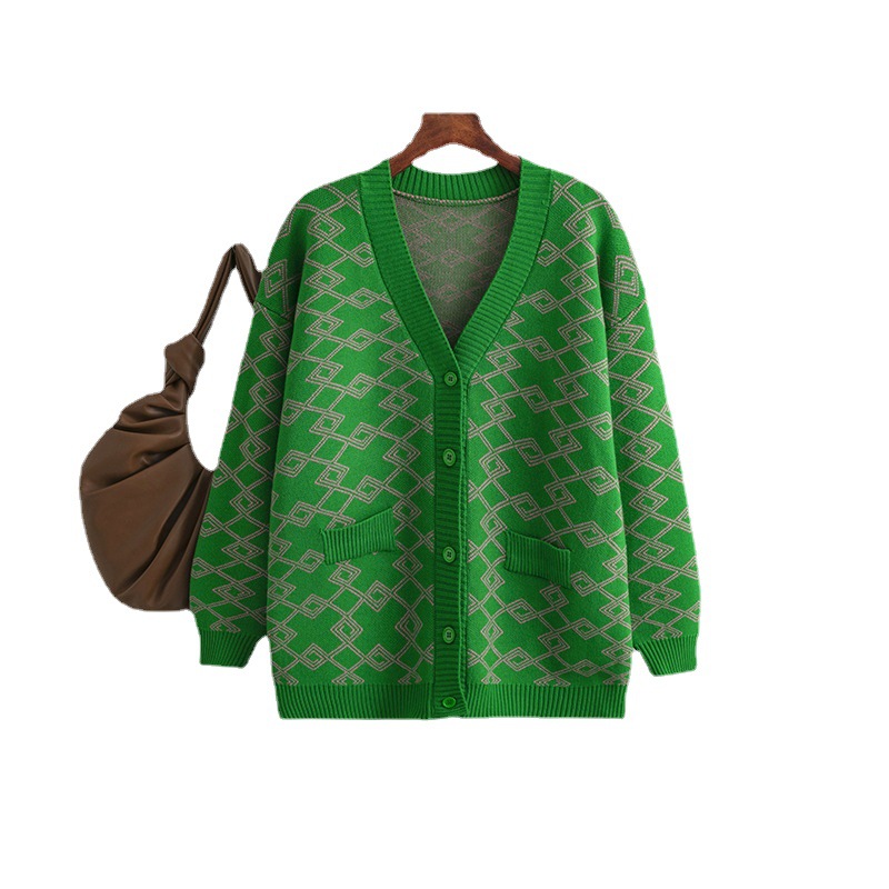 Roupas femininas plus size roupas femininas outono e inverno jacquard contraste cor solto suéter longo casaco cardigan_voghion.com