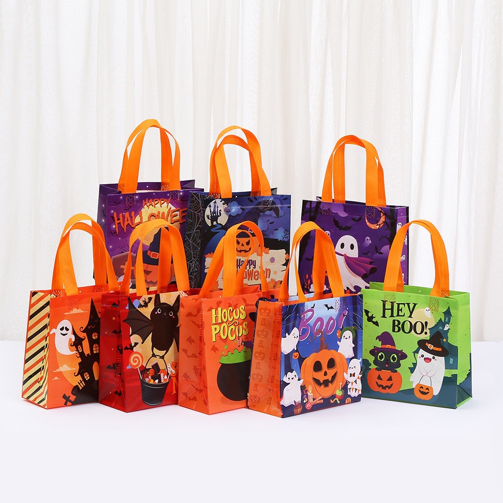 跨境万圣节无纺布手提袋卡通设计感南瓜头礼品袋可爱黑猫购物袋