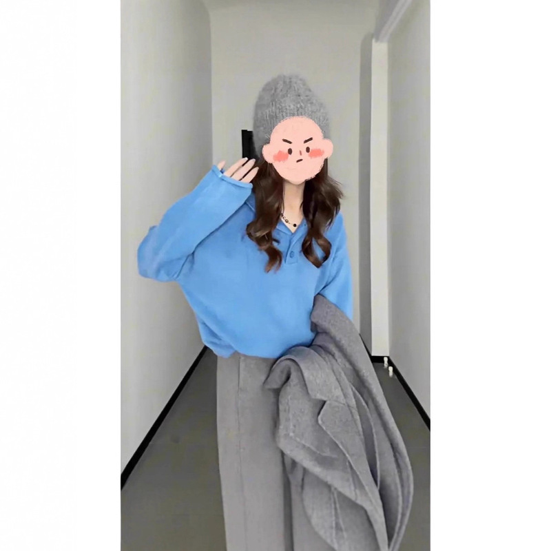 超好看蓝色连帽套头毛衣女秋冬大码宽松慵懒风高级感打底针织上衣|undefined