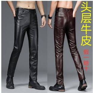 Leather pants men's first layer cowhide detachable fleece-lined thickened motorcycle loose middle-aged and elderly motorcycle men's leather pants