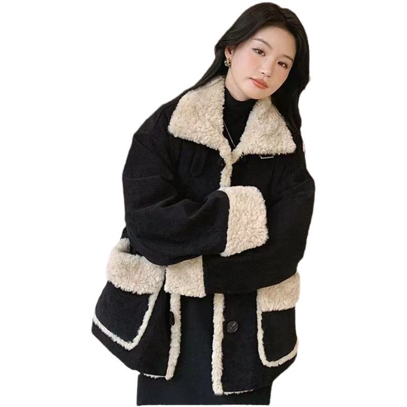 Quilted corduroy demi‑season jacket, plus size, Chanel style, increased thickness, black/white