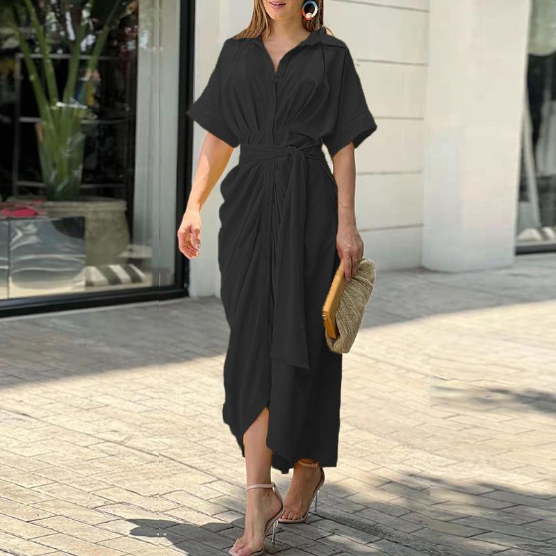 Women's Sheath Dress Streetwear Turndown Shirt Collar Pleated Short Sleeve Solid Color Midi Dress Holiday Beach display picture 3