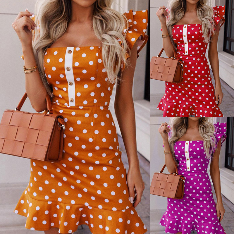 FD976 in stock 2022 Summer New Fashion Flying Sleeve High Waist Tight Mini Sexy Polar Dot dress