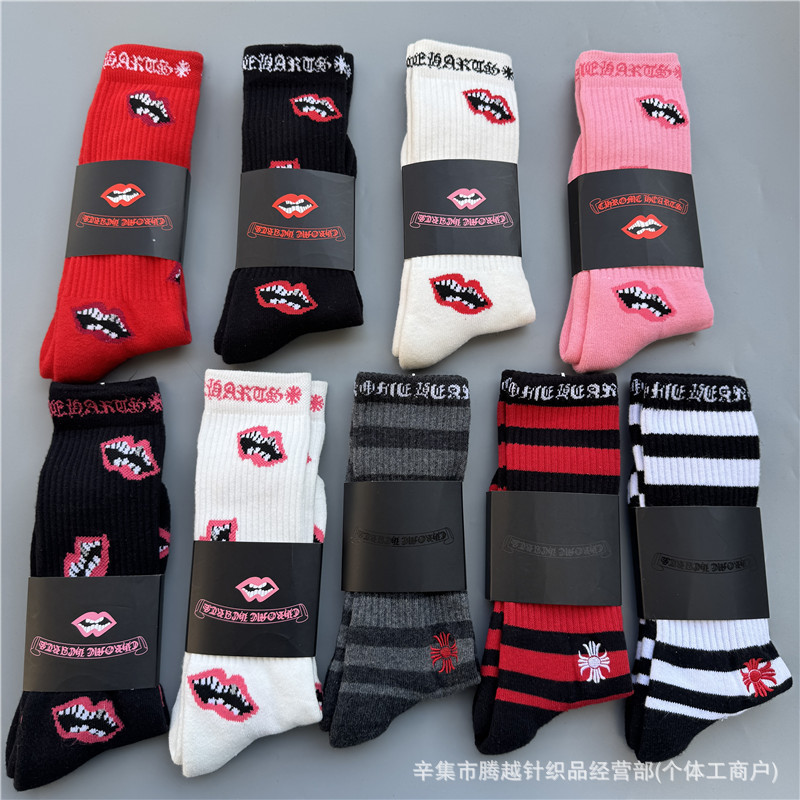 New Product: Chrome Hearts Style Red Lips Sanskrit Colorful Flame Embroidery Couple's Mid-Length Towel-Bottom Pure Cotton Sports Socks