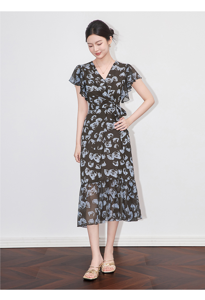Váy maxi nữ cổ chữ V in hoa thắt eo phong cách cổ điển Pháp — Hoa xanh lam chi tiết 9