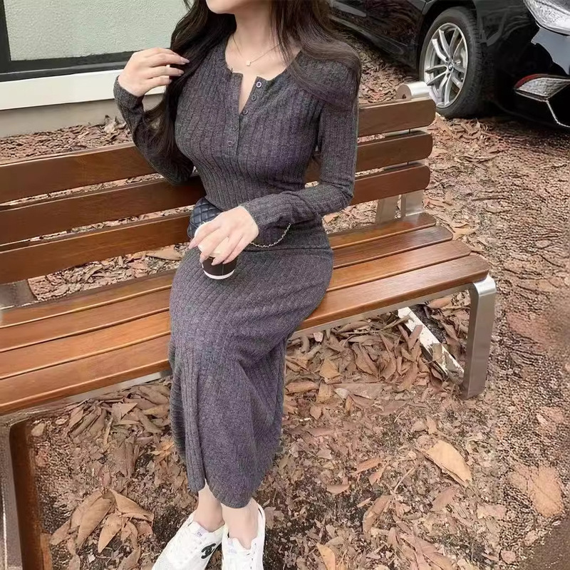 法式气质针织毛衣连衣裙女秋冬季新款大衣内搭打底修身长裙子|undefined