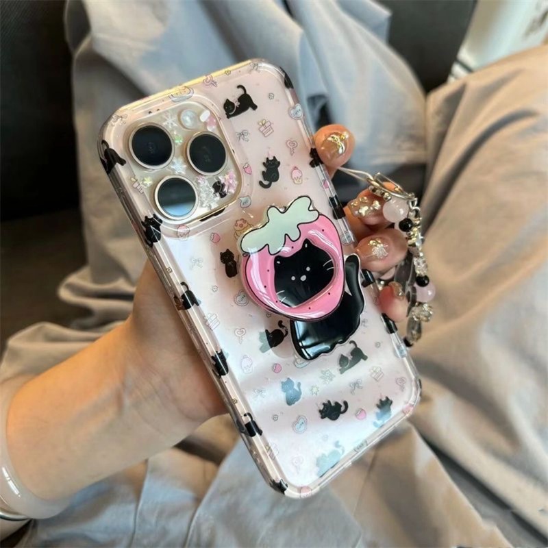 韩系草莓小黑猫支架链条适用iPhone16promax苹果15手机壳14新款13|undefined