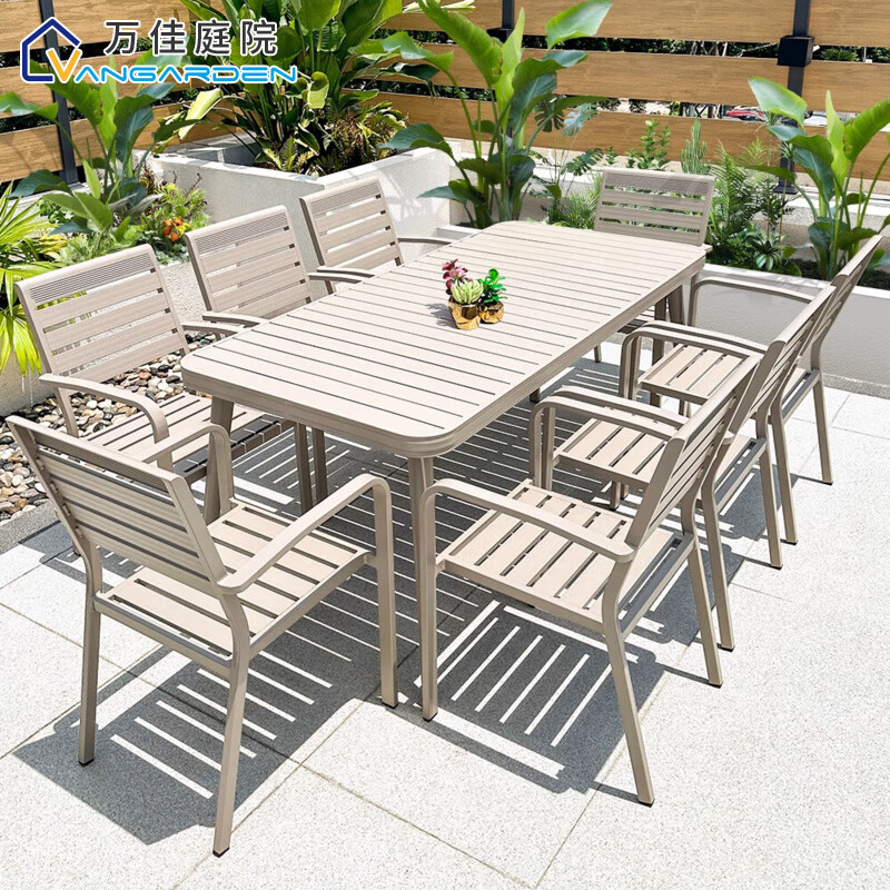 Plastic Wood Tables and Chairs Outdoor Courtyard Outdoor Open-Air Terrace Waterproof Sun Protection Aluminum Alloy Outdoor Dining Table and Chairs Leisure Combination