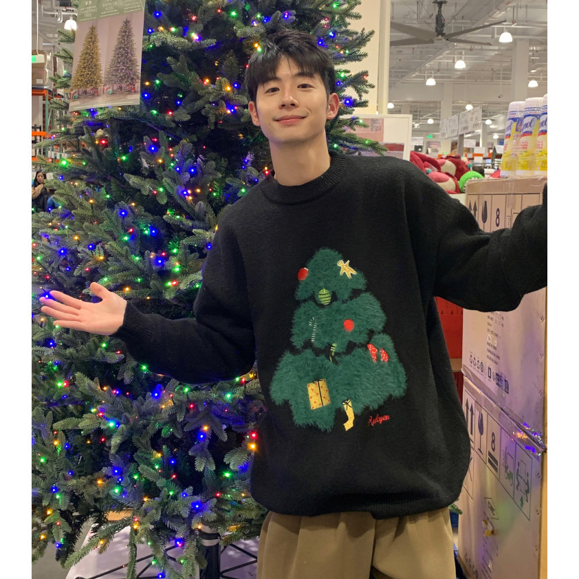 Explosiones transfronterizas de tamaño europeo de tamaño grande árbol de Navidad sensación de atmósfera tridimensional flocado camisetas de punto suéter hombre otoño invierno fábrica mayorista