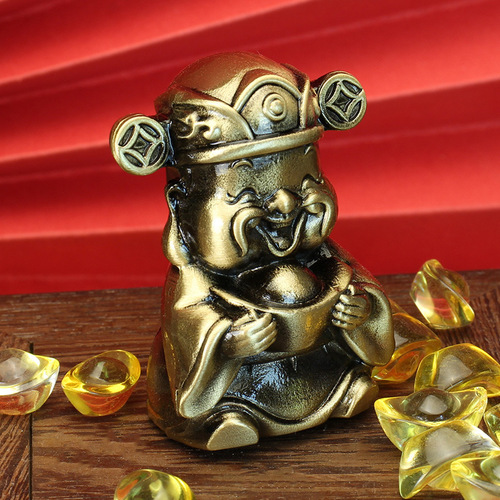 Tang Teng Enamel-coated Brass Casting God of Wealth Yuanbao with Money Transport Car Desk Ornament Creative Small Gift Polished Wire-wrapped Version