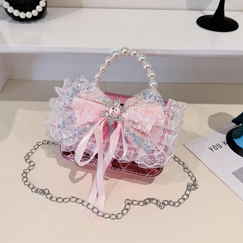 Bolso de perlas, bolso de arco, bolso de princesa Melody, bolso de Año Nuevo, bolso de hombro cuadrado de cadena de niña roja