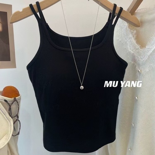 2629 Shoulder Strap Latex Bra Cup Long Sleeve Mini Tank Top Women's Backless Camisole French Style Nubile Sleeveless Top Solid Color