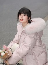 雪域玫瑰~真狐狸毛领90白鸭绒羽绒服女冬季长款连帽外套休闲百搭