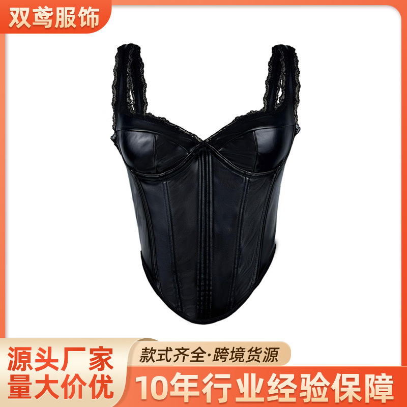 Cross-Border Solid Color European and American Style Leather Lace Suspender Inner Top Slim Sexy High-End Fishbone Bra Outer Wear