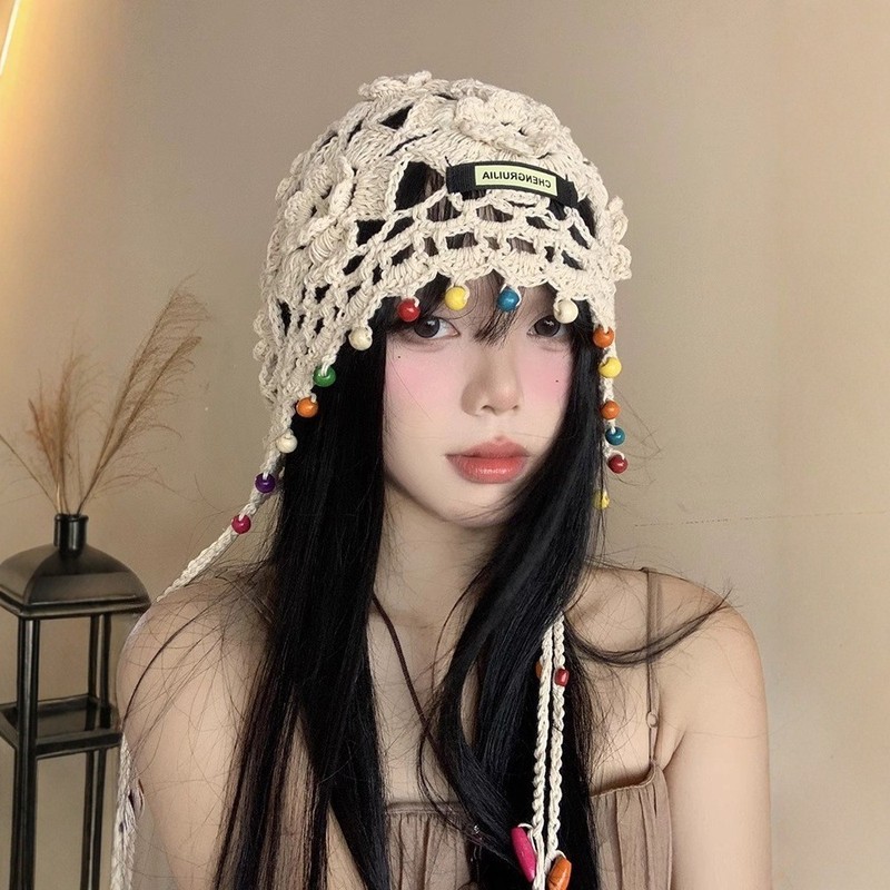 波西米亚彩色珠子包头帽女夏季镂空套头帽民族风手工钩花帽子圆顶|undefined