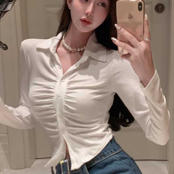 2026 Autumn New Sweet Style Pleated Long Sleeve Shirt for Women, Slim Fit, Elegant, Versatile Top