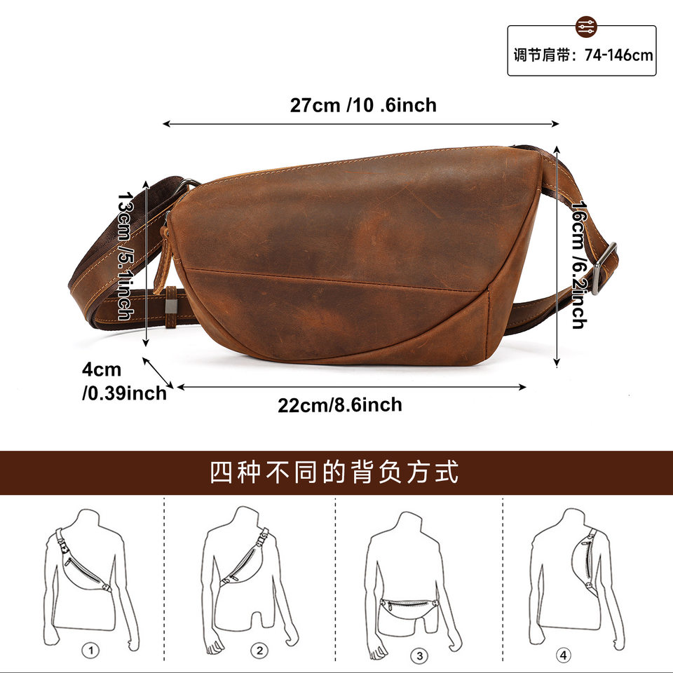 Túi đeo chéo nam da bò lớp đầu tiên, túi đeo ngực một dây đeo bằng da thật phong cách tối giản — Da Ngựa Điên, Nâu Đậm, Da ngựa điên màu nâu, Da thuộc thực vật màu nâu, Da thuộc thực vật màu đen