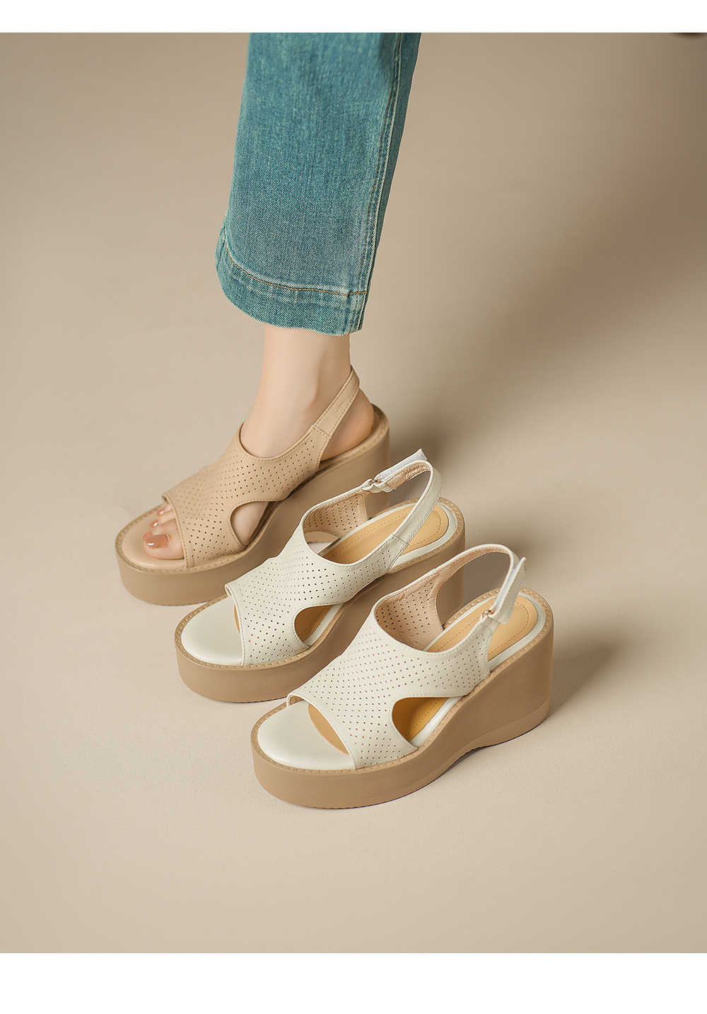 Sandal cao gót nữ hở mũi đế xuồng da cừu đục lỗ — màu trắng ngà chi tiết 1