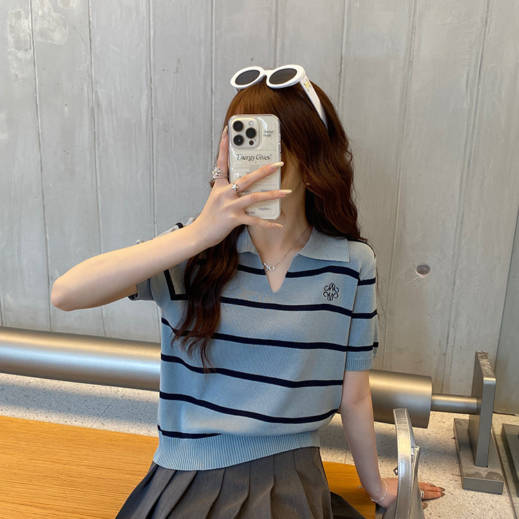Chuyu Polo Collar Striped Knit Shirt for Women 2026 Summer New Casual Versatile Lightweight Short-Sleeve Top