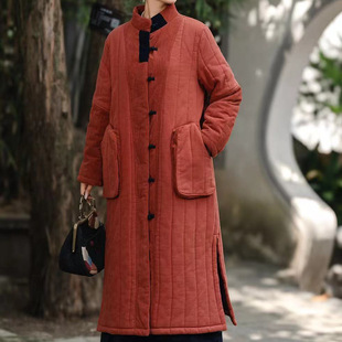 2024 Winter Linen Blended National Style Cotton-padded Jackets Embroidered Chinese Style Artistic Women's Quilted Cotton Thickened Long Cotton-padded Clothes with Vertical Collar
