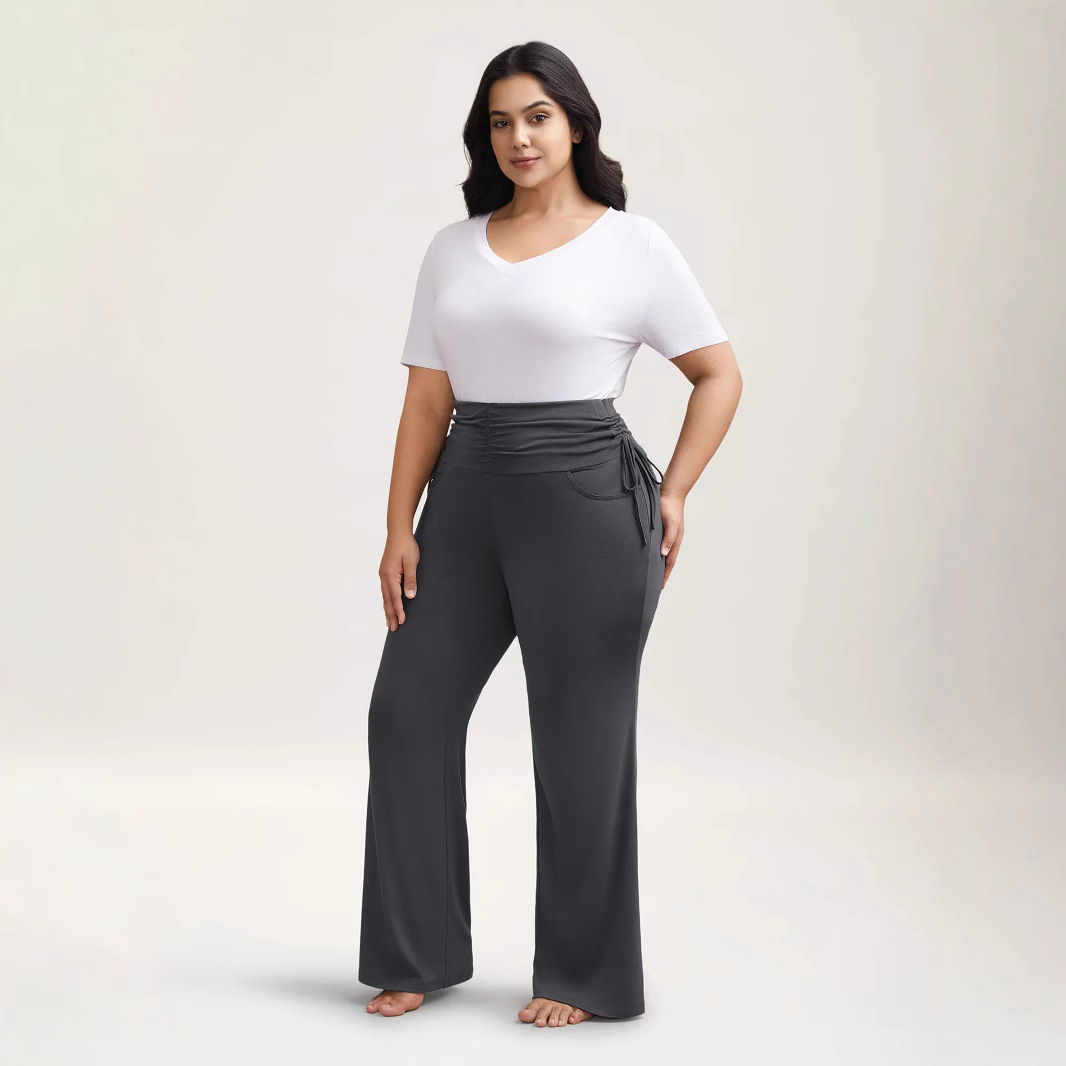 2025跨境欧美提臀裸感腰部拉绳微喇大码女装阔腿长裤