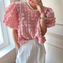 韩国chic 法式气质立体格纹宽松休闲百搭泡泡袖衬衫女装2025新款