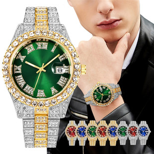 Hiphop Watch European and American Explosions Men's Steel Band Hip Hop Roman Graduated Diamond Set Calendar Men's Quartz Watch