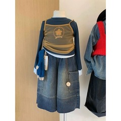 童装女童套装秋装2025新款女孩网纱吊带打底衫时髦工装牛仔阔腿裤