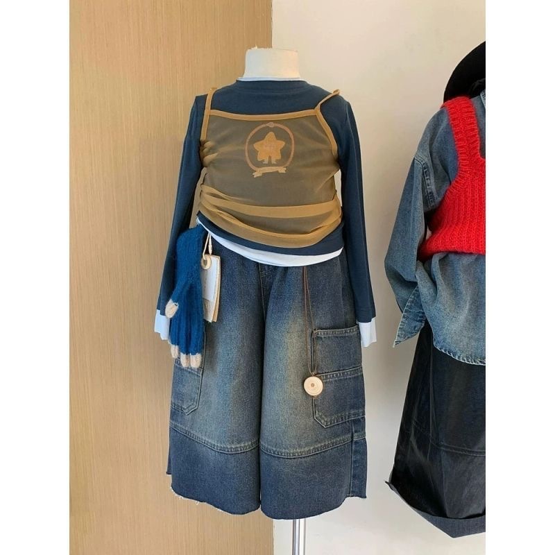 童装女童套装秋装2025新款女孩网纱吊带打底衫时髦工装牛仔阔腿裤|undefined
