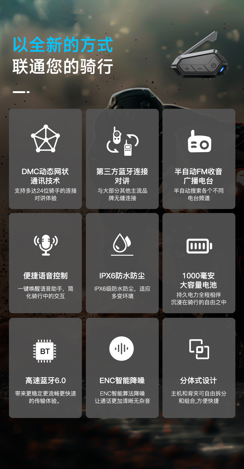 New Cross-Border Model Released: 4-Person Multi-Intercom Motorcycle Helmet Bluetooth Headset, Waterproof and Wind Noise Reduction Riding Headset