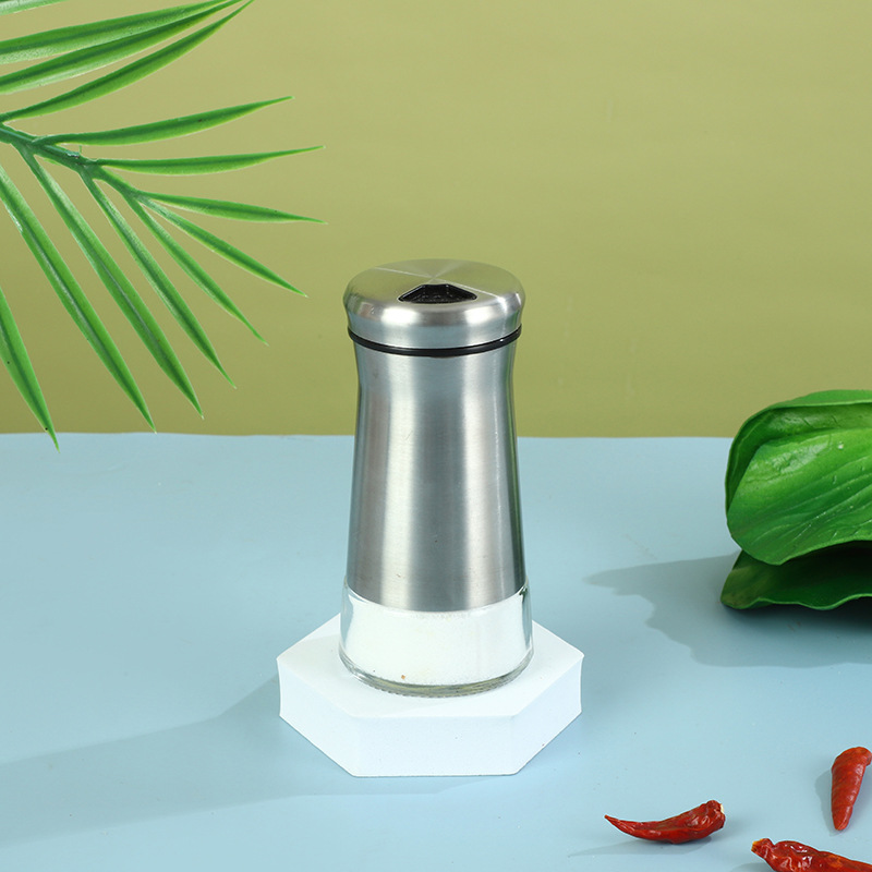 Fábrica al por mayor botella de condimento de vidrio de acero inoxidable cocina esparcidor de pimienta porosa giratoria sal de mar