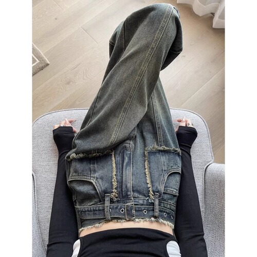 Wide-leg jeans for women, spring American retro, petite straight-leg loose high-waisted slimming narrow-floor-length pants