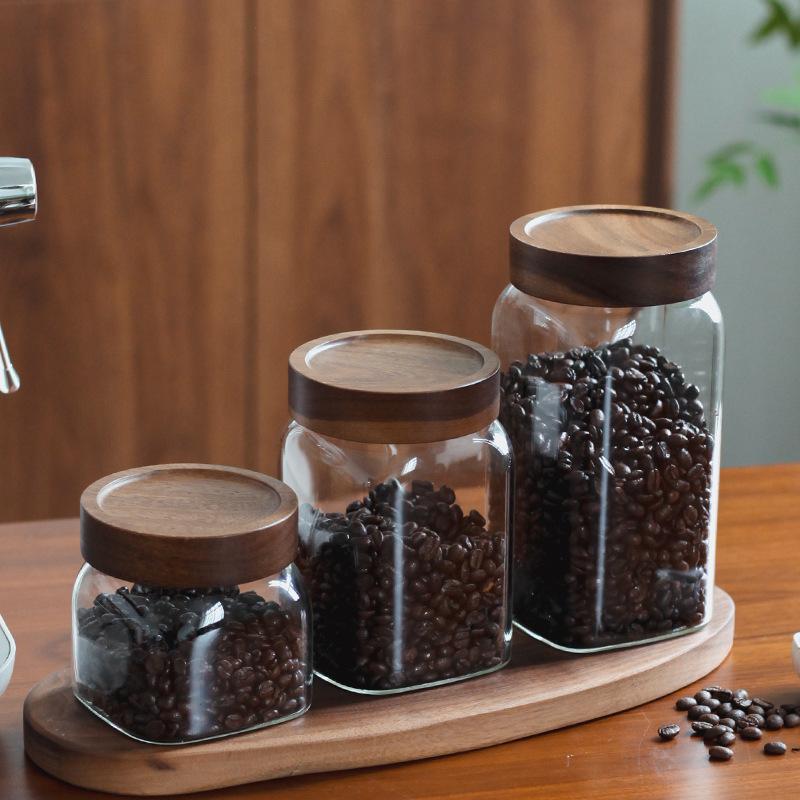アカシア木製蓋ガラス茶缶コーヒー豆保存密封缶家庭用ドライフルーツスナック穀物保存缶|undefined