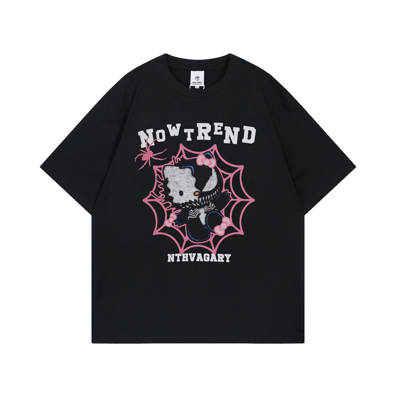American Trendy Brand Spoof Cartoon Cat Spider Web Print Short-sleeved T-shirt f