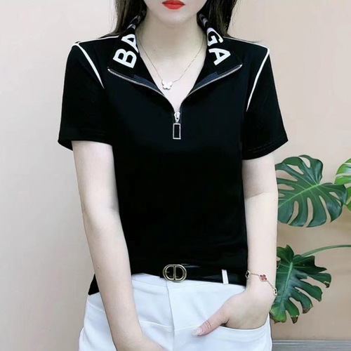 [Cotton 95 Spandex 5] New all-matching simple and comfortable slimming short-sleeved summer fashionable zipper design stand-collar T-shirt