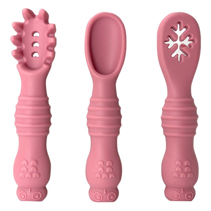 Búho bebé comiendo tenedor cuchara bebé entrenamiento comida complementaria pasta de arroz tenedor cuchara silicona mango largo molar suave tenedor cuchara fábrica