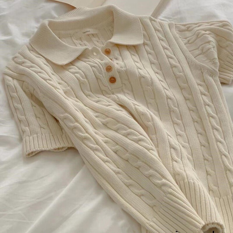White Short-Sleeve T-Shirt with a Stylish Ribbed Design, Women's Inner Layer Polo Collar Knit Top, New Spring/Summer Style