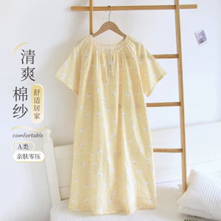 A类纯棉纱布睡裙女款夏季薄款日系可爱小兔全棉短袖睡衣连衣裙子